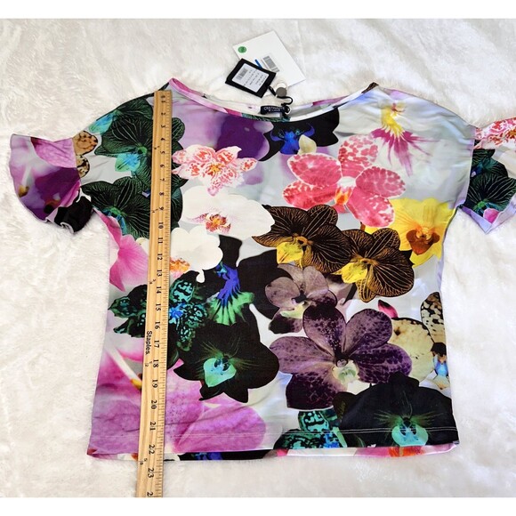 Cristinaeffe Women's Floral Lilac Short Sleeve Stretch Top Blouse Sz 42/6 Italy - Picture 9 of 14